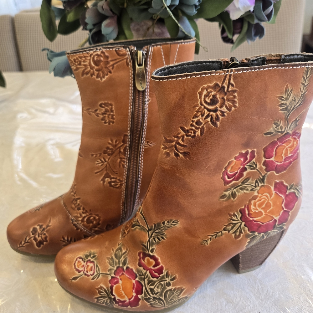 Embroidered Floral Leather Ankle Boots